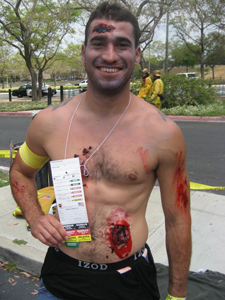 Disaster drill victim with fake wounds