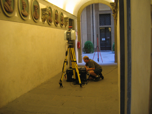Michael Olsen uses a Leica Scanstation 2 laser scanner to capture geometric data from a small room in the Palazzo Medici, one of the Renaissance greatest landmarks. 