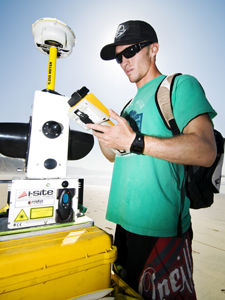 Graduate Student Pat Rentz with the I-Site laser scanner, which , shooting out a laser pulse 4,400 times per second and can measure cliffs from 500 meters away. 