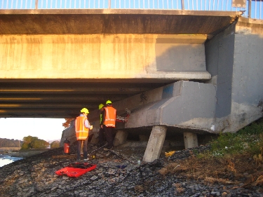 Engineers at damaged bridge, Christchurch, New Zealand