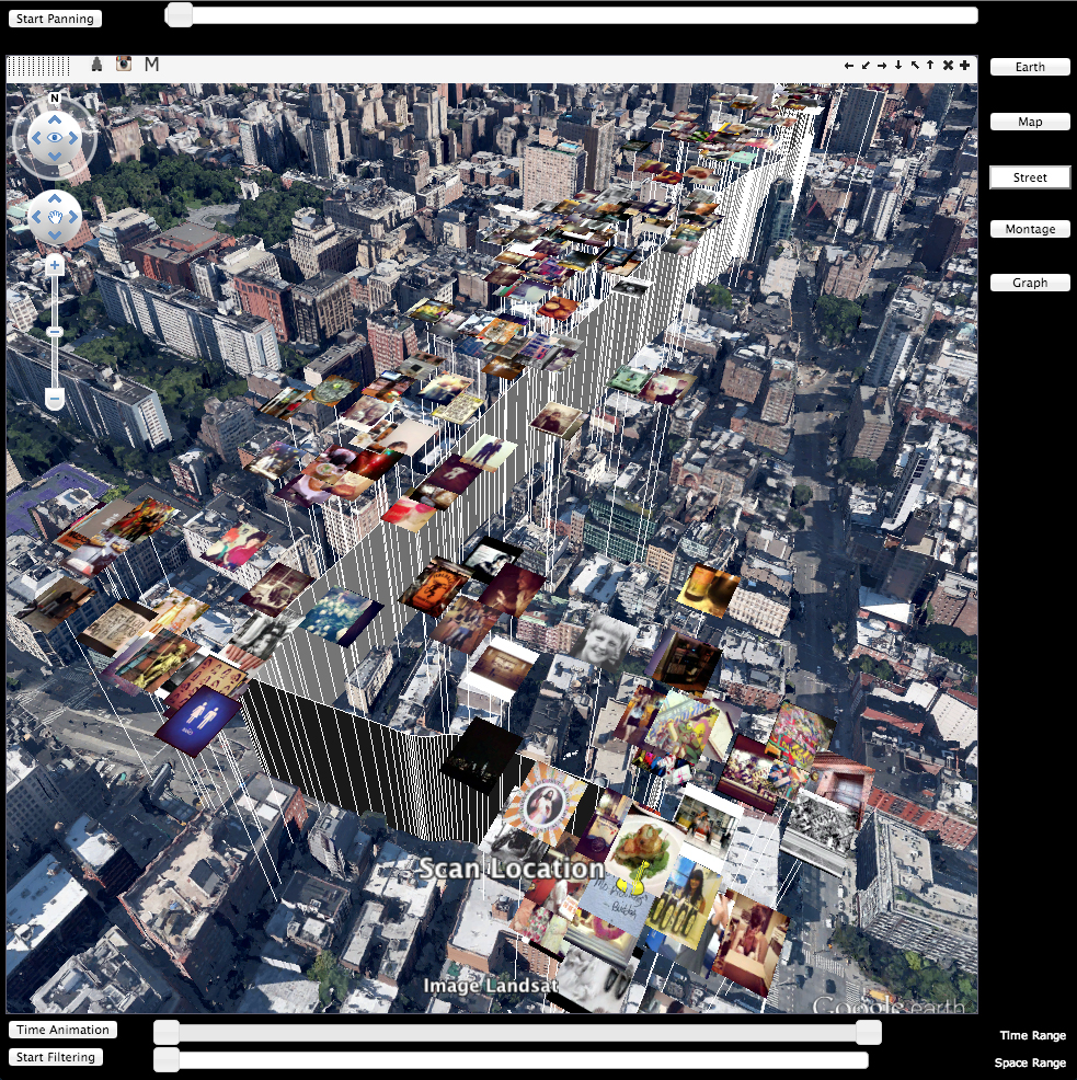 Screenshot of Geomedia Analytics Platform showing Google Earth view of New York City populated by images taken at various locations