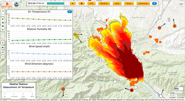 A screenshot of WIFIREs Firemap resource tracking the Blue Cut Fire on August 17, 2016. Ilkay Altintas/SDSC