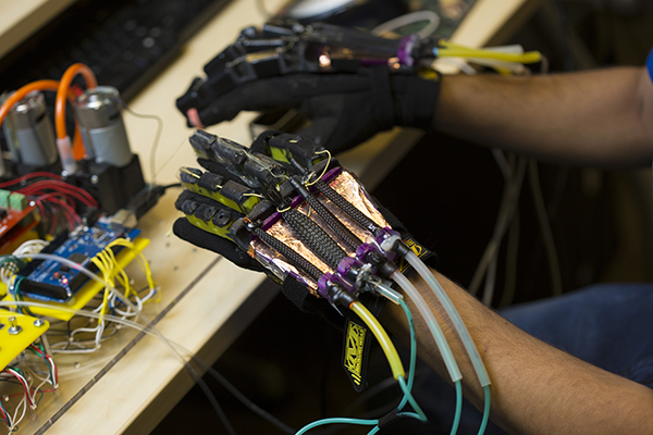 Closeup image of virtual reality glove to simulate sense of touch.