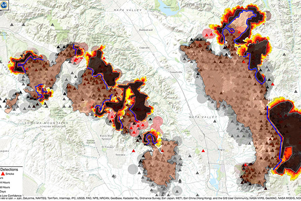 This image shows another run of simulations from this weeks wildfires in Sonoma and Napa, CA using 