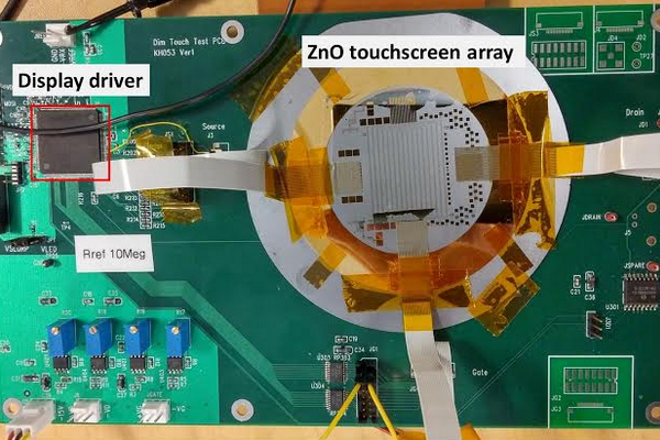 Zinc-oxide touchscreen array on carrier wafer.