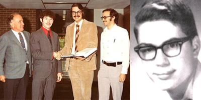 Photo at left:  Smarr's first Ph.D. student, the late Ken Eppley (in red shirt), receives his Ph.D. from Dr. Smarr at Princeton University.  Also present are Princeton professors John Wheeler and Bill Press. Photo at right: Director Smarr in 1966 as a Senior in high school, the year he took his first course in computer programming.
