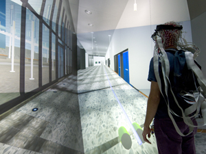 Kezeli makes his way through the unambigious rendering of the New Media Arts Wing at Atkinson Hall. Visual cues like colored doors and shadows helped Kezeli find target destinations with ease.